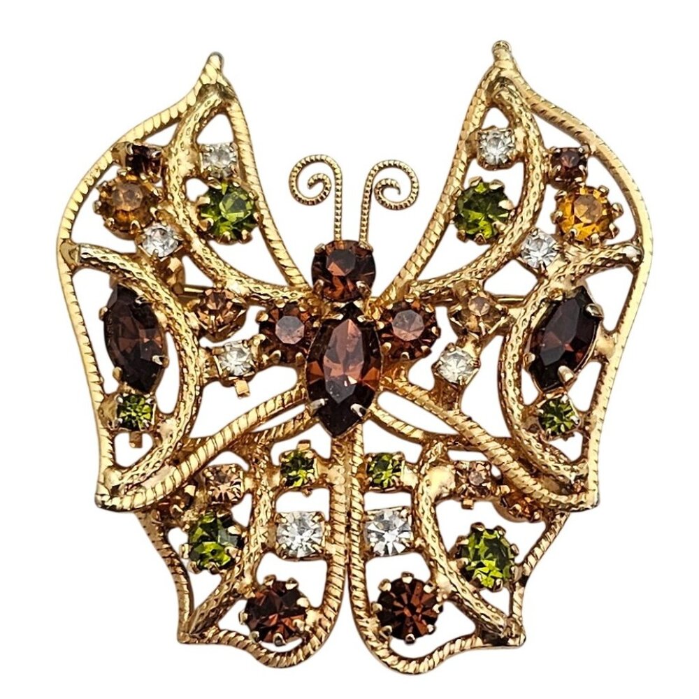 Gold Tone Prong Set Rhinestone Butterfly Brooch Vintage Green Topaz Pin J414